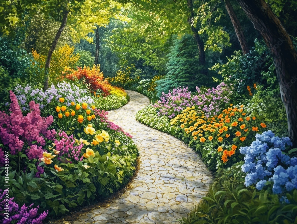 A vibrant garden pathway surrounded by a riot of colorful flowers, leading to an unseen destination. A vibrant garden pathway surrounded by a riot of colorful flowers, leading to an unseen destination.