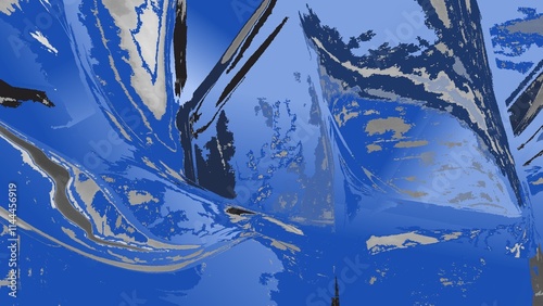 A vibrant abstract composition featuring flowing metallic shapes and vivid blue hues, accented by reflective textures and intricate patterns creating a dynamic and modern visual effect.
