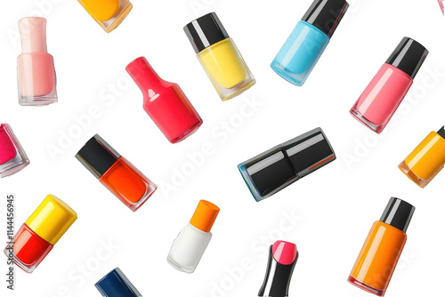 Assorted nail polish bottles in various vibrant shades, set on a minimalist white background.