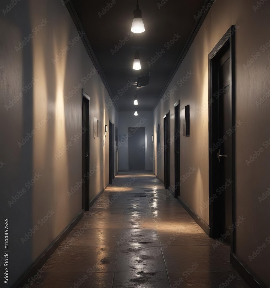 Desolate and empty corridor with a single flickering light bulb, melancholic, forlorn, isolated Desolate and empty corridor with a single flickering light bulb, melancholic, forlorn, isolated