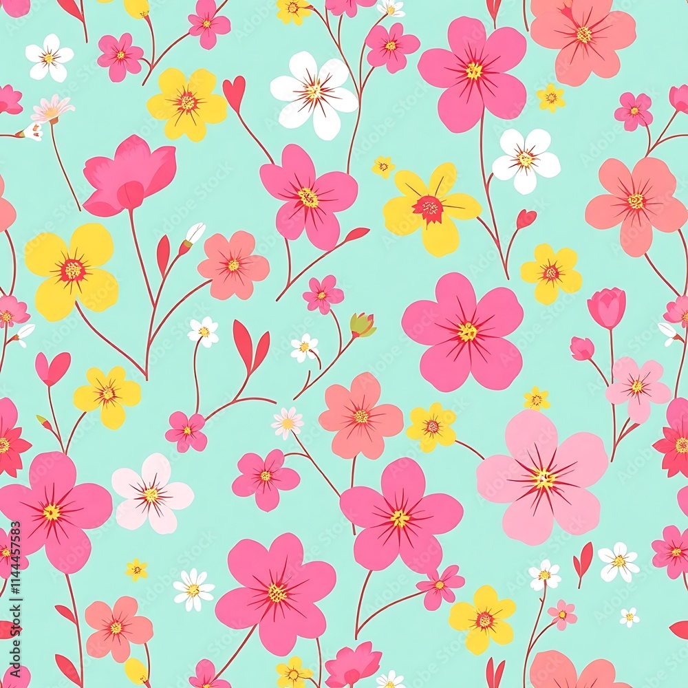 Floral Delight: A vibrant and cheerful seamless pattern featuring a captivating array of pink, yellow, and white blossoms on a refreshing mint green background. Floral Delight: A vibrant and cheerful seamless pattern featuring a captivating array of pink, yellow, and white blossoms on a refreshing mint green background.
