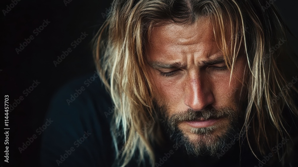 Profile view of a contemplative man with long blonde hair in a dimly lit space, capturing a sense of introspection and solitude, suggesting reflective thought. Profile view of a contemplative man with long blonde hair in a dimly lit space, capturing a sense of introspection and solitude, suggesting reflective thought.