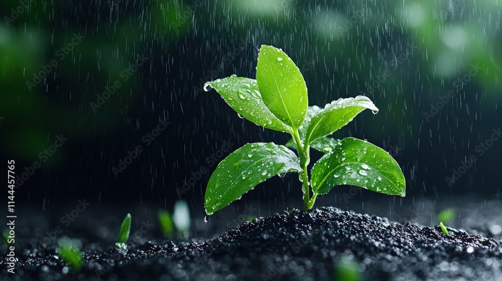Young plant seedling growing in rain. Young plant seedling growing in rain.