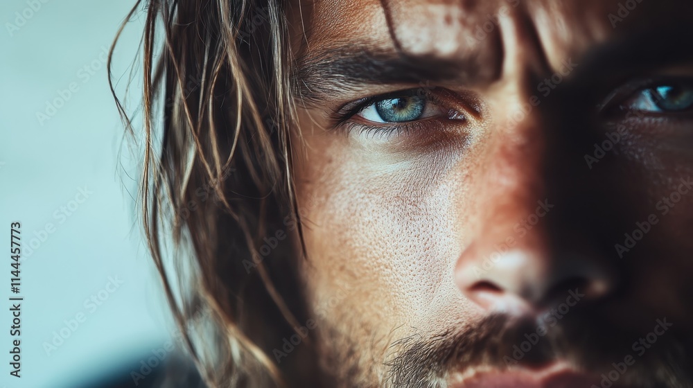 Portrait of a man with intense blue eyes and a rugged beard, capturing raw emotion with wet hair framing his face, illustrating depth and intensity. Portrait of a man with intense blue eyes and a rugged beard, capturing raw emotion with wet hair framing his face, illustrating depth and intensity.