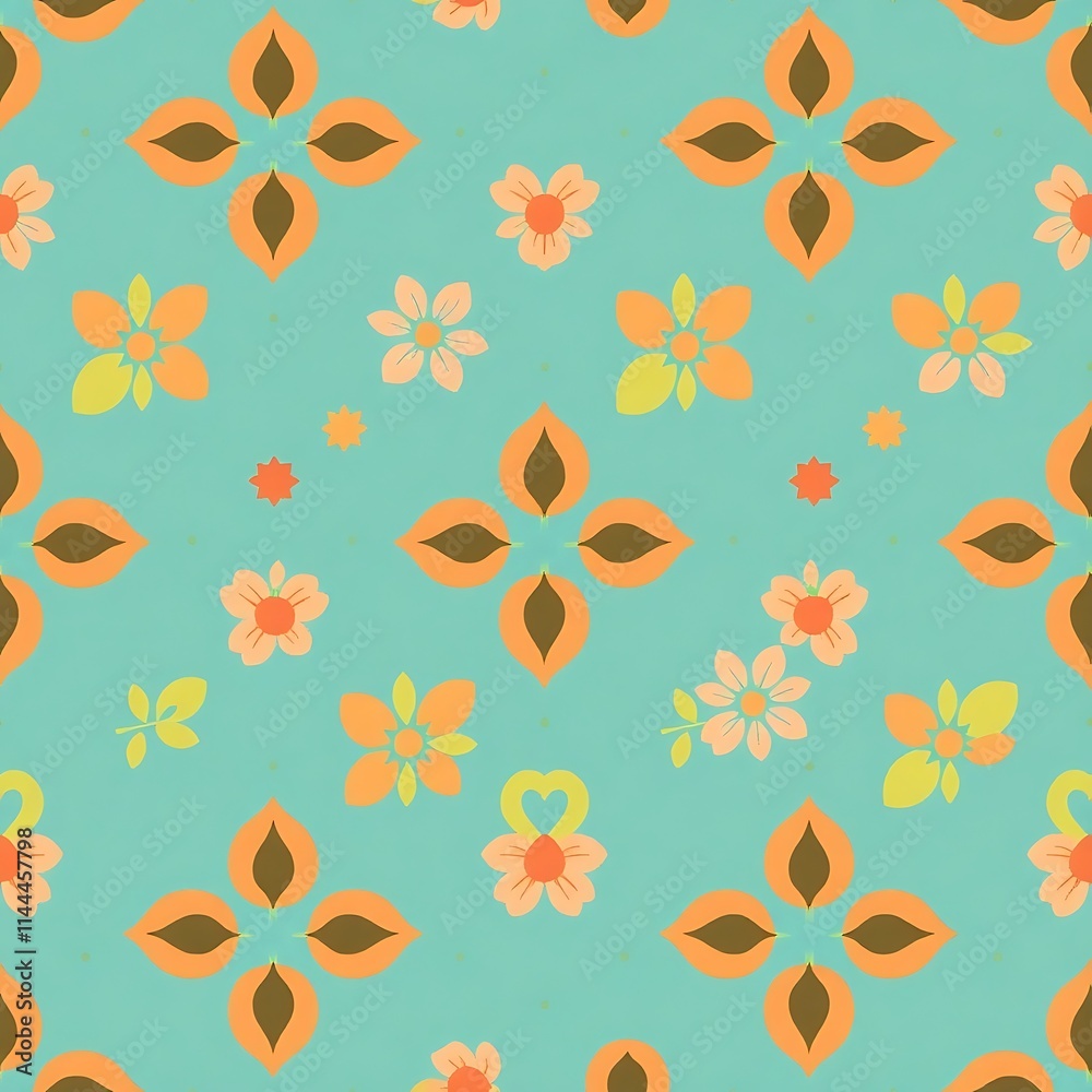Fototapeta premium Retro Floral Teal Seamless Pattern 
