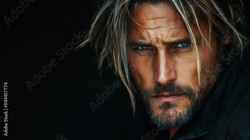 A striking male portrait, emphasizing his piercing eyes and subtle strength, with tousled hair and sharp features enhanced by contrast against a dark background.