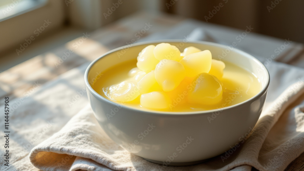 Bowl with sliced potatoes and beef tallow for cooking. Bowl with sliced potatoes and beef tallow for cooking.