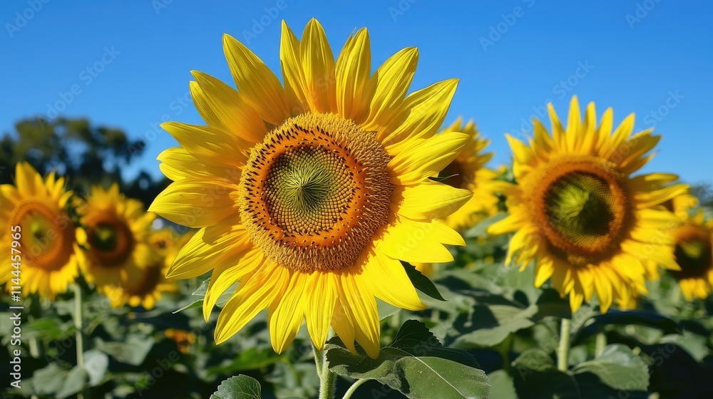 Bright Sunflowers Flourishing Under Clear Blue Sky in Sunny Field Bright Sunflowers Flourishing Under Clear Blue Sky in Sunny Field