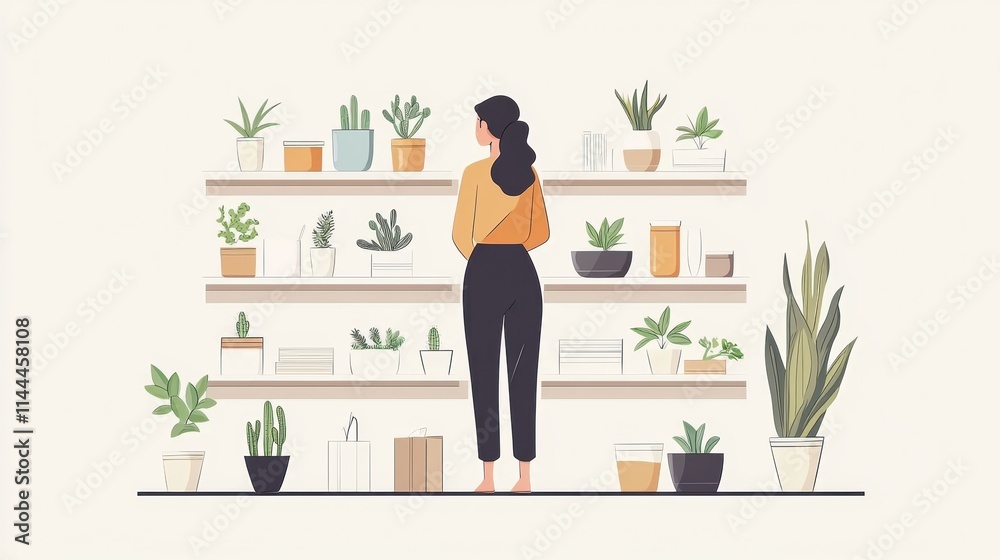 Online e-commerce aims to increase conversion rates Woman admiring a shelf filled with various indoor plants in a stylish setting. Online e-commerce aims to increase conversion rates Woman admiring a shelf filled with various indoor plants in a stylish setting.