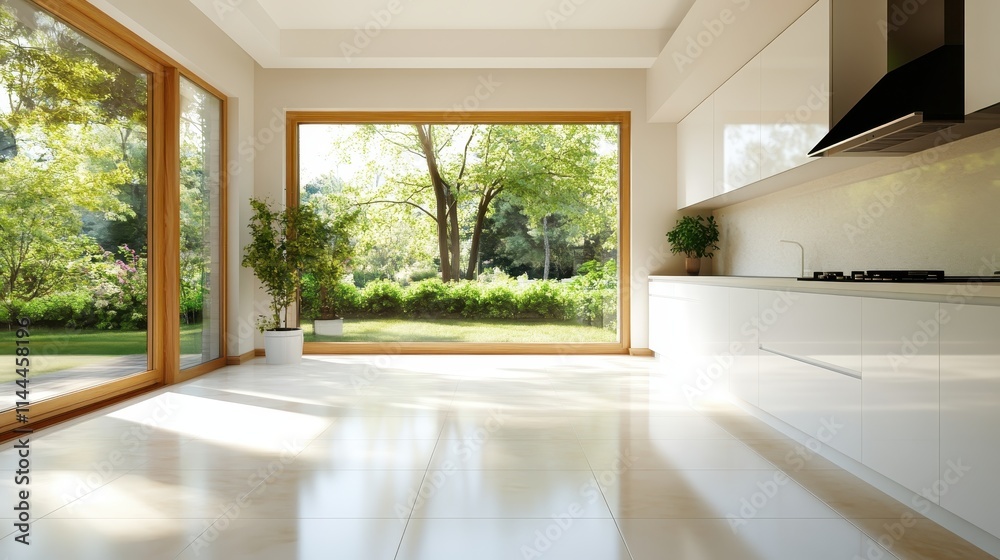 Fototapeta premium A sunlit kitchen with large windows showcasing a garden view, providing a tranquil and bright environment perfect for cooking and relaxation.