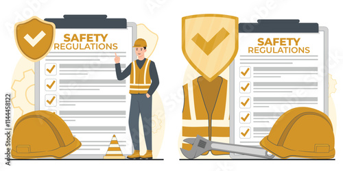 Safety regulations. Construction worker with safety helmet and checklist. Vector illustration