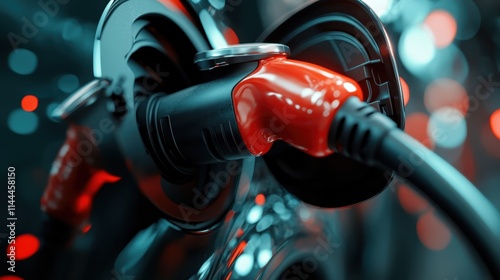 A close-up, detailed view of a red electric vehicle charging connector, depicted with bokeh background, showcasing innovation and eco-consciousness in transportation. photo