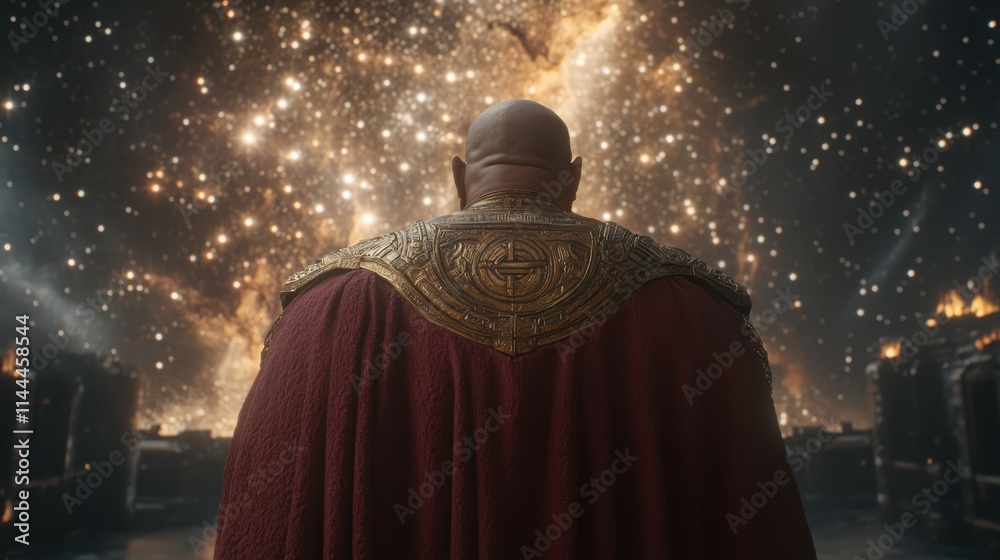 Naklejka premium Majestic Cosmic Scene with Hero in Regal Red Cloak and Gold Armor