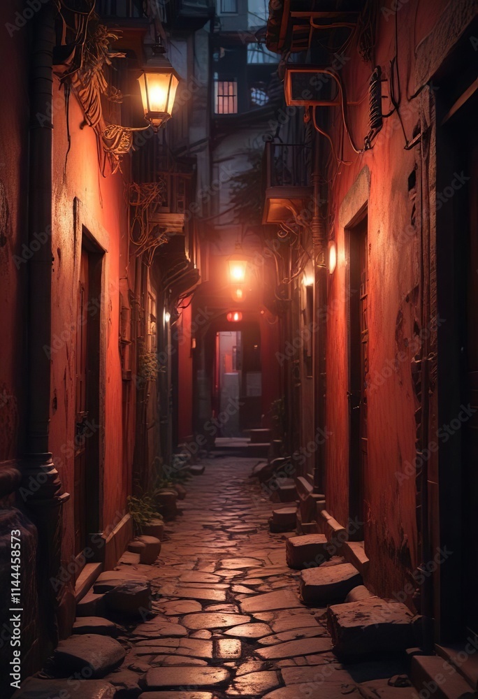 Dusty lamp with faded red light in narrow alleys of ancient city , weathered metal, old city, rusty lamp Dusty lamp with faded red light in narrow alleys of ancient city , weathered metal, old city, rusty lamp