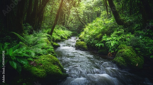 Serene Forest Stream Surrounded by Lush Green Ferns and Moss