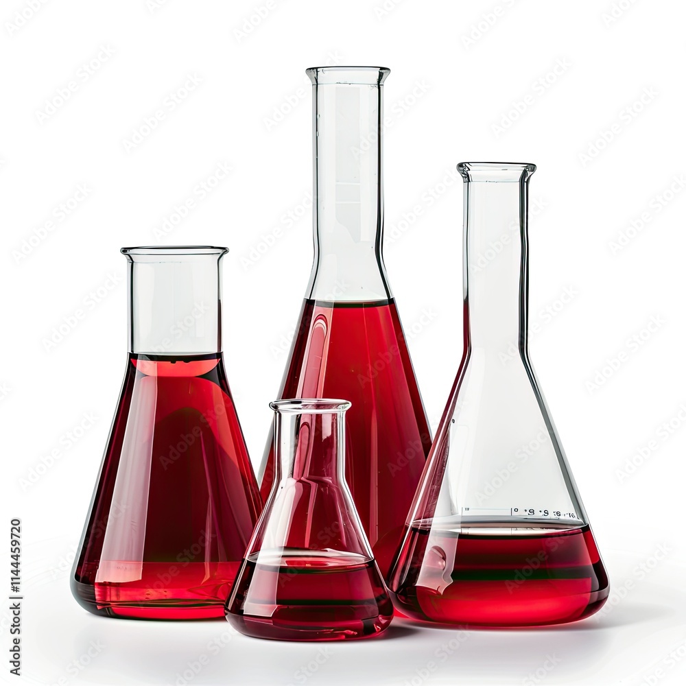 A collection of laboratory glassware filled with red liquid, used for scientific experiments. isolated on white background A collection of laboratory glassware filled with red liquid, used for scientific experiments. isolated on white background