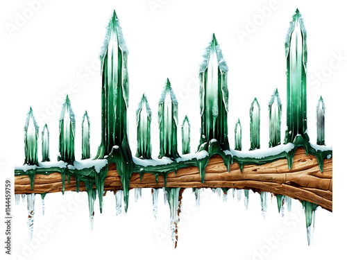 A deep forest green icicle with a bark-like texture, evoking images of a frozen woodland, isolated on a transparent background. photo