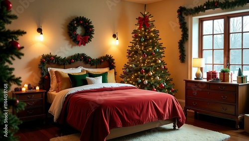 a warm and inviting guest bedroom decorated in a fest Christmas Theme