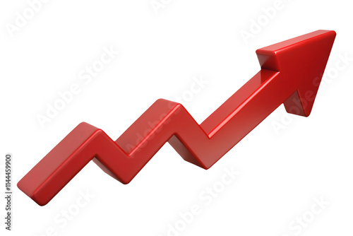 3D render red upward arrow graph showing rising trend, cut out, transparent white isolated background.