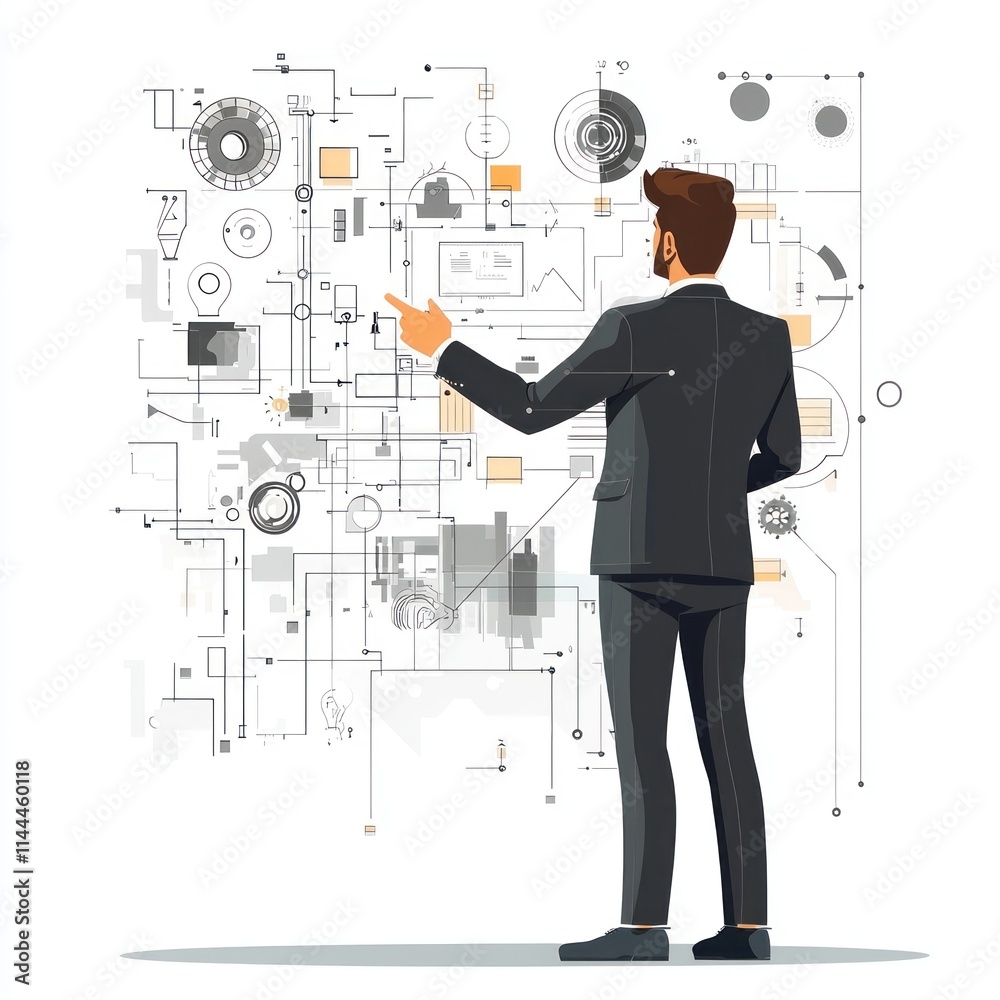 Businessman Analyzing Data Visualizations and Digital Metrics in a Modern Office Setting with Innovative Technologies and Digital Interfaces Businessman Analyzing Data Visualizations and Digital Metrics in a Modern Office Setting with Innovative Technologies and Digital Interfaces