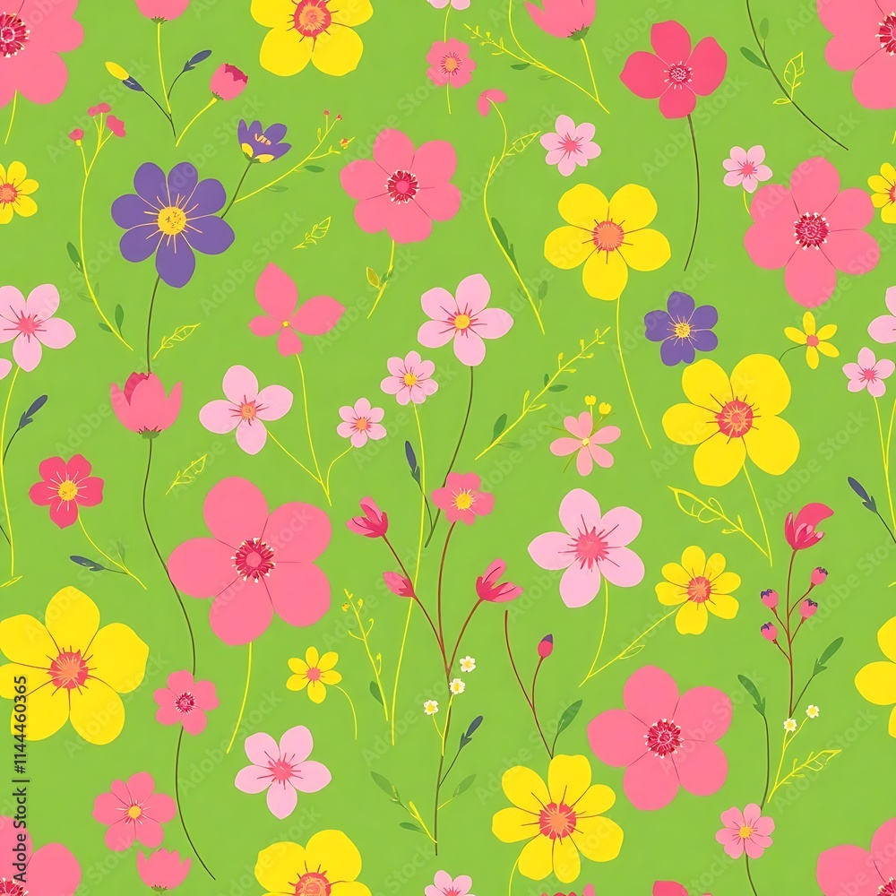 Vibrant Spring Meadow: A cheerful seamless pattern of colorful wildflowers on a bright green background. Perfect for textile design, wallpaper, or any spring-themed project. Vibrant Spring Meadow: A cheerful seamless pattern of colorful wildflowers on a bright green background. Perfect for textile design, wallpaper, or any spring-themed project.