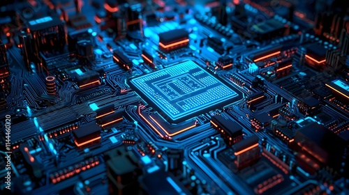 Green circuit board with microchips, capacitors, and transistors, showcasing advanced electronics technology