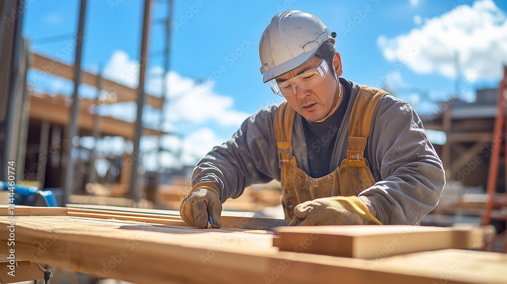 薄曇りの日に完成間近のモダン住宅と建築資材 薄曇りの日に完成間近のモダン住宅と建築資材
