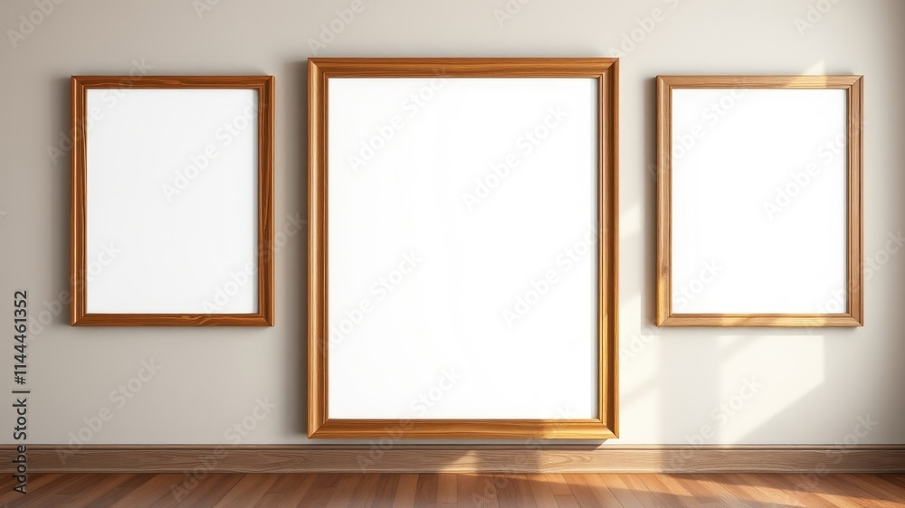 Empty Wooden Frames on Beige Wall with Hardwood Floor Empty Wooden Frames on Beige Wall with Hardwood Floor