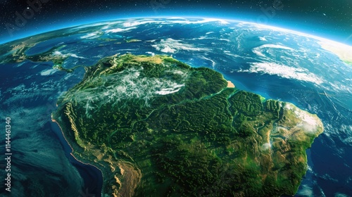 A wide-angle view of Earth from space, highlighting the planet's blue and green continents, surrounded by a vast expanse of black space with stars twinkling in the distance.