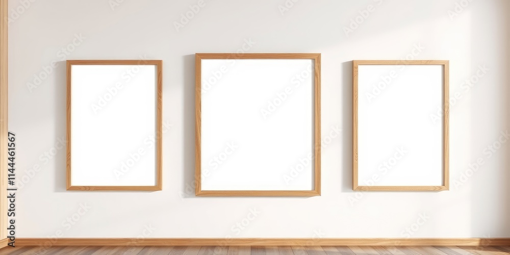 Three Blank Light Wood Frames on a White Wall Three Blank Light Wood Frames on a White Wall