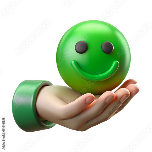 Cut out 3D render Hand holding green happy smile face ball on transparent background. World compliment day, child wellness,world mental health day concept.