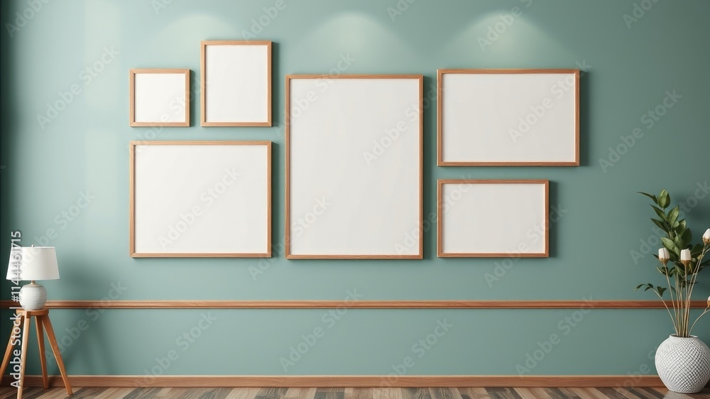 Modern Gallery Wall Mockup Empty Wooden Frames on Teal Wall with Lamp and Plant Modern Gallery Wall Mockup Empty Wooden Frames on Teal Wall with Lamp and Plant