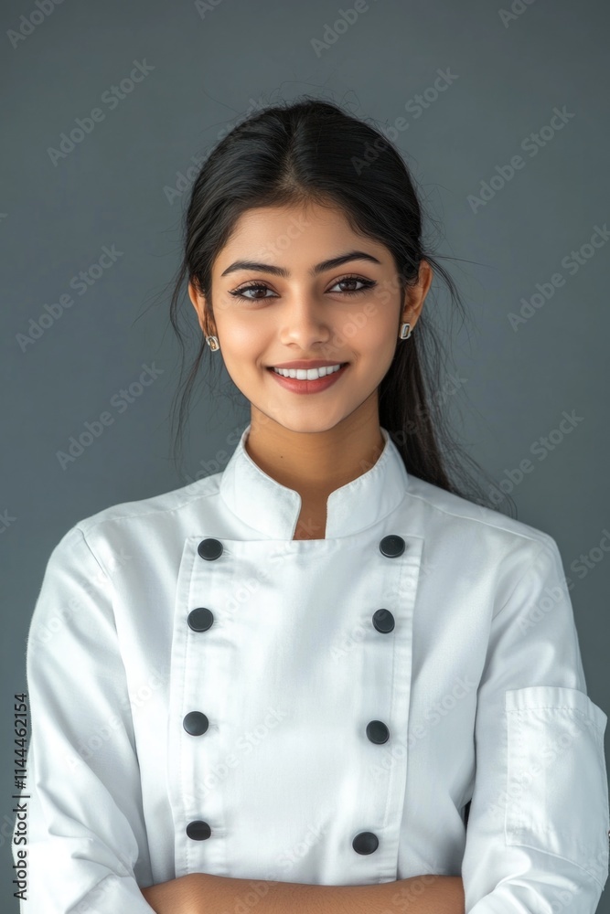 A young female chef wearing a white uniform, smiling and posing for the camera. She represents culinary skills and hospitality in food service. A young female chef wearing a white uniform, smiling and posing for the camera. She represents culinary skills and hospitality in food service.
