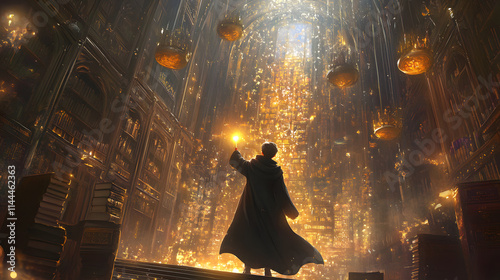 A young wizard holding a glowing wand in a magical library filled with floating books, mysterious artifacts, and golden chandeliers 