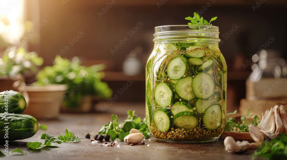 Homemade pickled cucumbers in a glass jar with fresh herbs Homemade pickled cucumbers in a glass jar with fresh herbs
