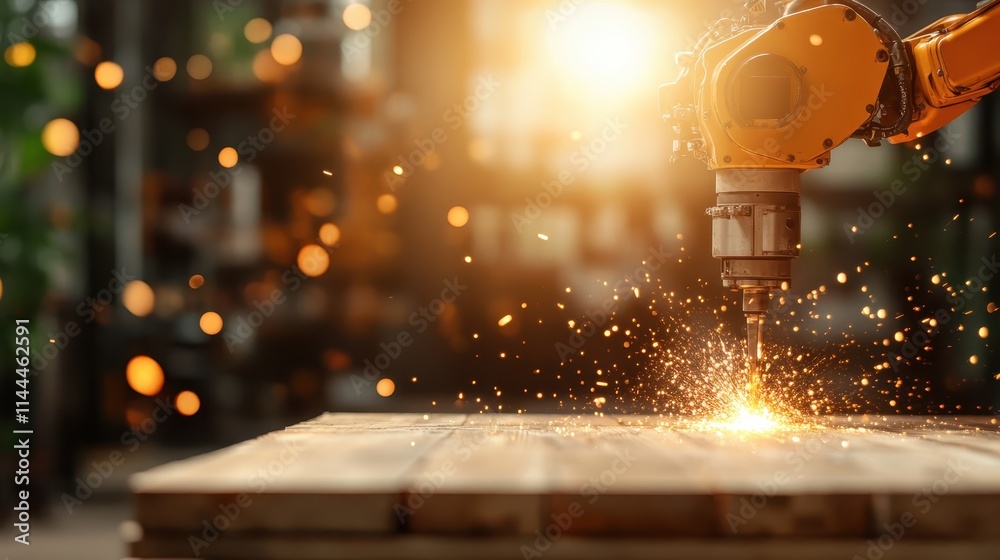 Fototapeta premium The image showcases a robotic arm, emitting sparks as it engages in a task on a wooden surface under warm lighting, highlighting modern industrial technology.
