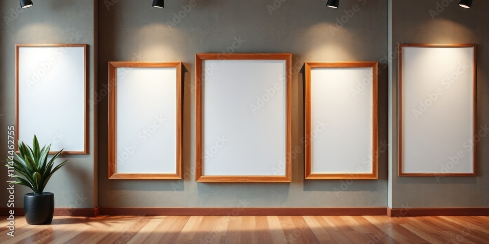 Empty picture frames in a modern gallery setting with hardwood floors and a potted plant Empty picture frames in a modern gallery setting with hardwood floors and a potted plant