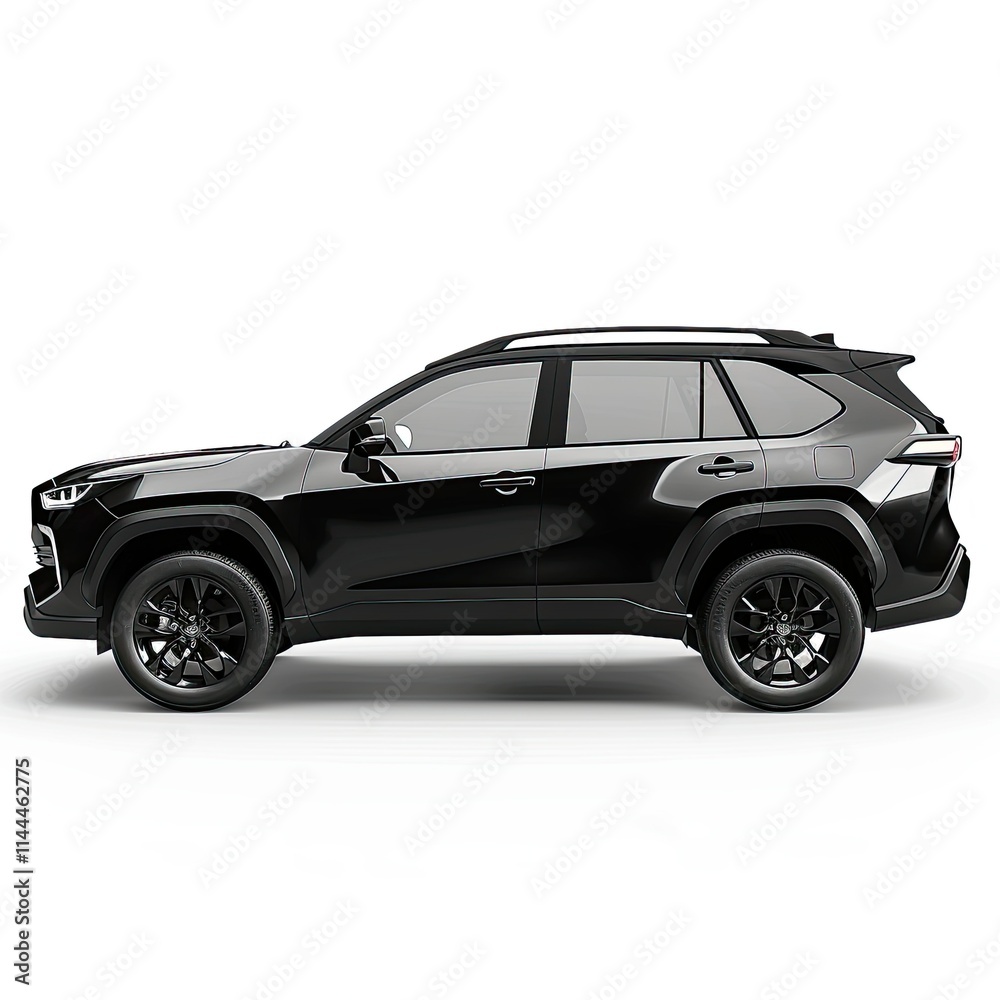Obraz premium A sleek black SUV displayed in profile view, showcasing modern design and features. isolated on white background