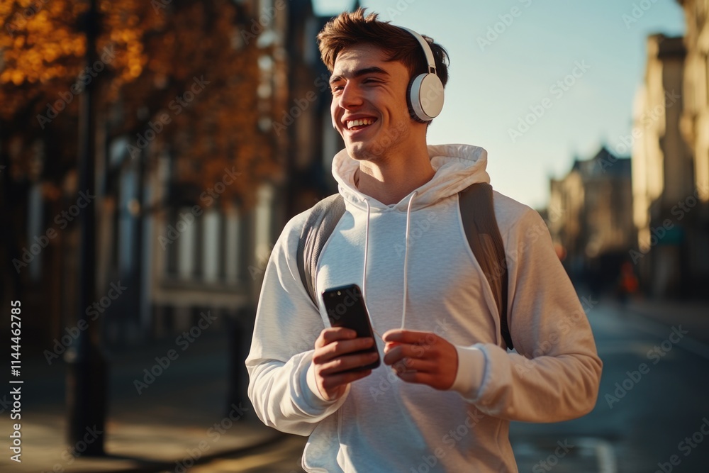 © vefimov - A young man wearing earbuds and smiling while walking down a street with his backpack. © vefimov - A young man wearing earbuds and smiling while walking down a street with his backpack.
