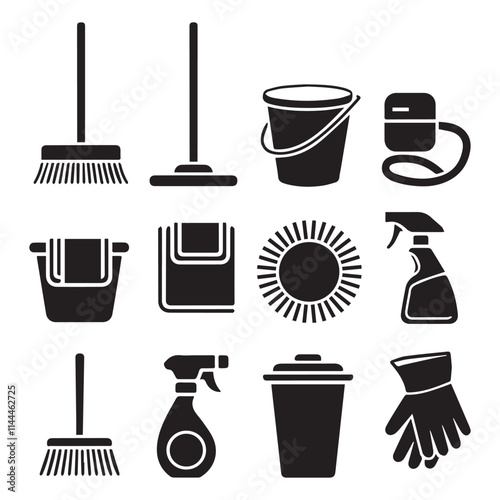 Cleaning supplies household products Vector silhouettes