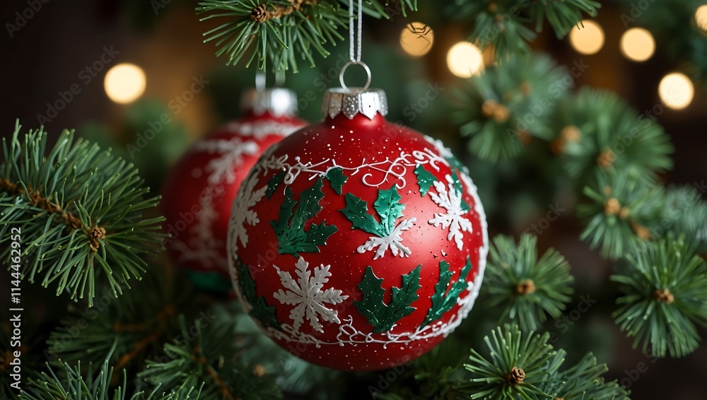 Two red Christmas ornaments with green and white designs, hanging on a Christmas tree. Two red Christmas ornaments with green and white designs, hanging on a Christmas tree.