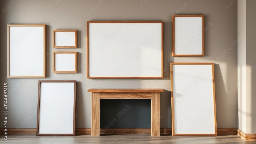 Gallery Wall Mockup Empty Frames on Wooden Mantelpiece Above Hardwood Floor Gallery Wall Mockup Empty Frames on Wooden Mantelpiece Above Hardwood Floor