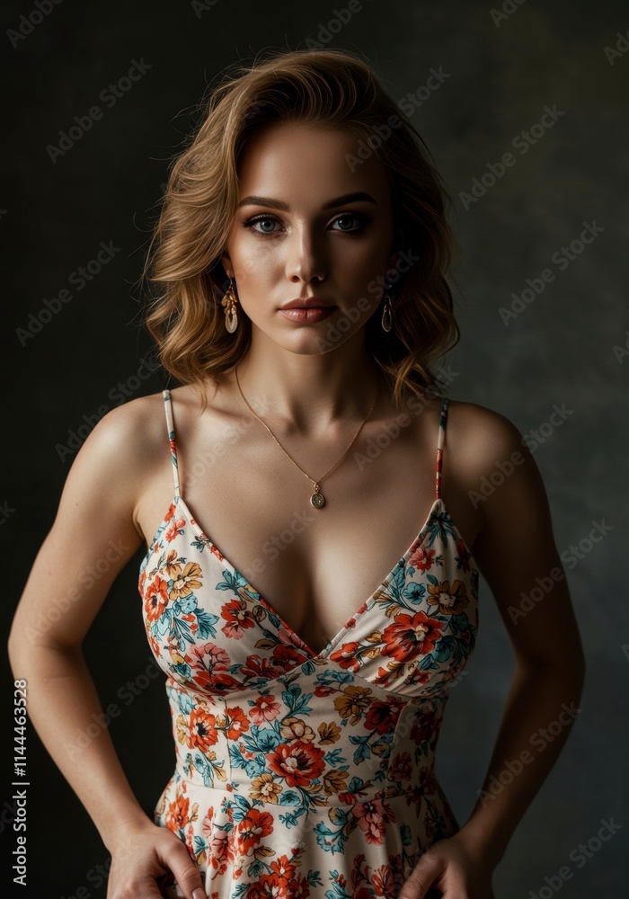 Charming young woman with an hourglass figure in a sheer floral sundress, posing confidently in a studio, showcasing her beauty, charm, and feminine allure. Charming young woman with an hourglass figure in a sheer floral sundress, posing confidently in a studio, showcasing her beauty, charm, and feminine allure.