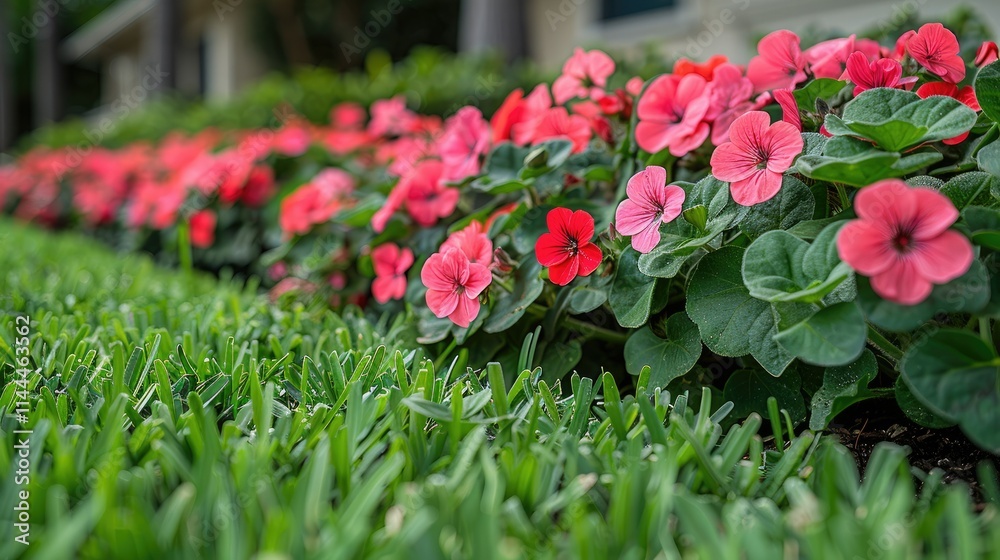 A vibrant display of pink flowers in a well-maintained garden with lush green grass. A vibrant display of pink flowers in a well-maintained garden with lush green grass.