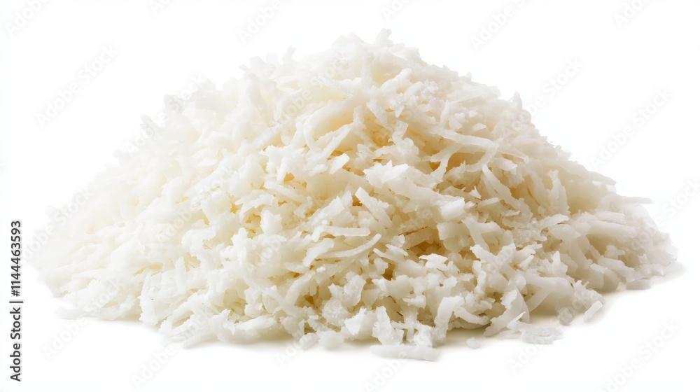 Coconut (Shredded): A small pile of shredded coconut, with finely grated, white texture, isolated on a white background. Coconut (Shredded): A small pile of shredded coconut, with finely grated, white texture, isolated on a white background.