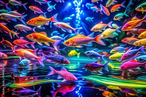 Vibrant Neon Fish Labels Long Exposure Photography - Underwater Glow, Bright Colors, Night Photography photo