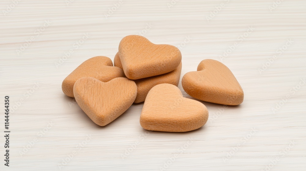Obraz premium Heart-shaped cookies in a soft, beige color, arranged attractively on a light wooden surface, perfect for celebrations or gifts.