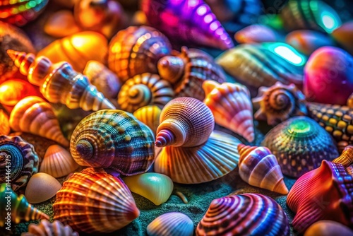 Vibrant Seashell Close-Up: Night Photography, Colorful Shells, Macro Shot