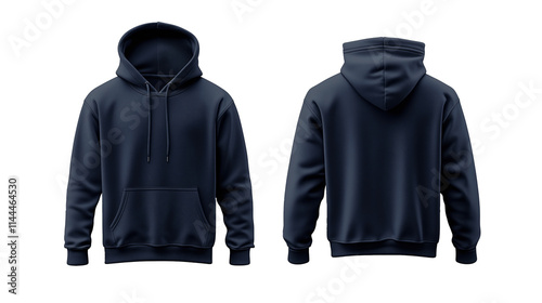 Set of navy front and back view tee hoodie hoody sweatshirt on transparent background cutout, PNG file. Mockup template for artwork graphic design