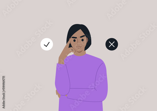 Individual stands in a minimalist space, hand to chin, contemplating decisions while surrounded by symbols indicating approval and disapproval, suggesting decision-making processes